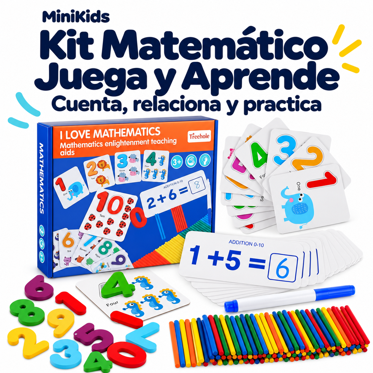 Kit Matemático Juega y Aprende MiniKids con caja, tarjetas, números, palitos y marcador
