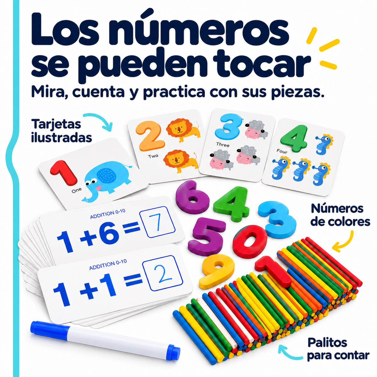 Tarjetas ilustradas, números de colores y palitos del kit matemático
