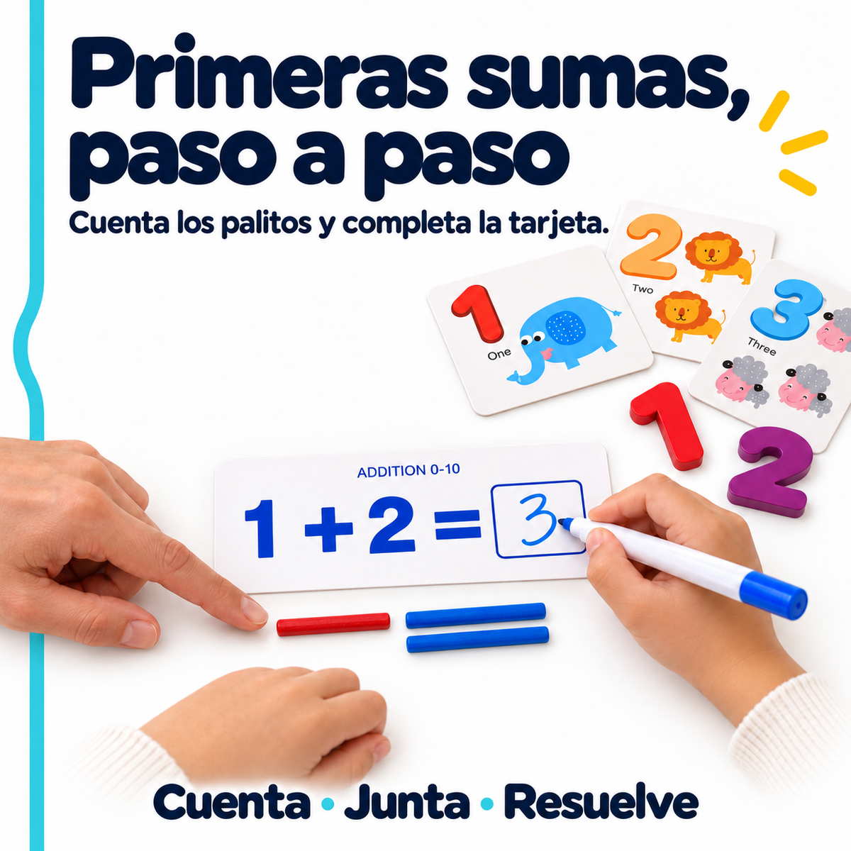 Ejemplo de suma 1 más 2 igual a 3 usando palitos y tarjeta