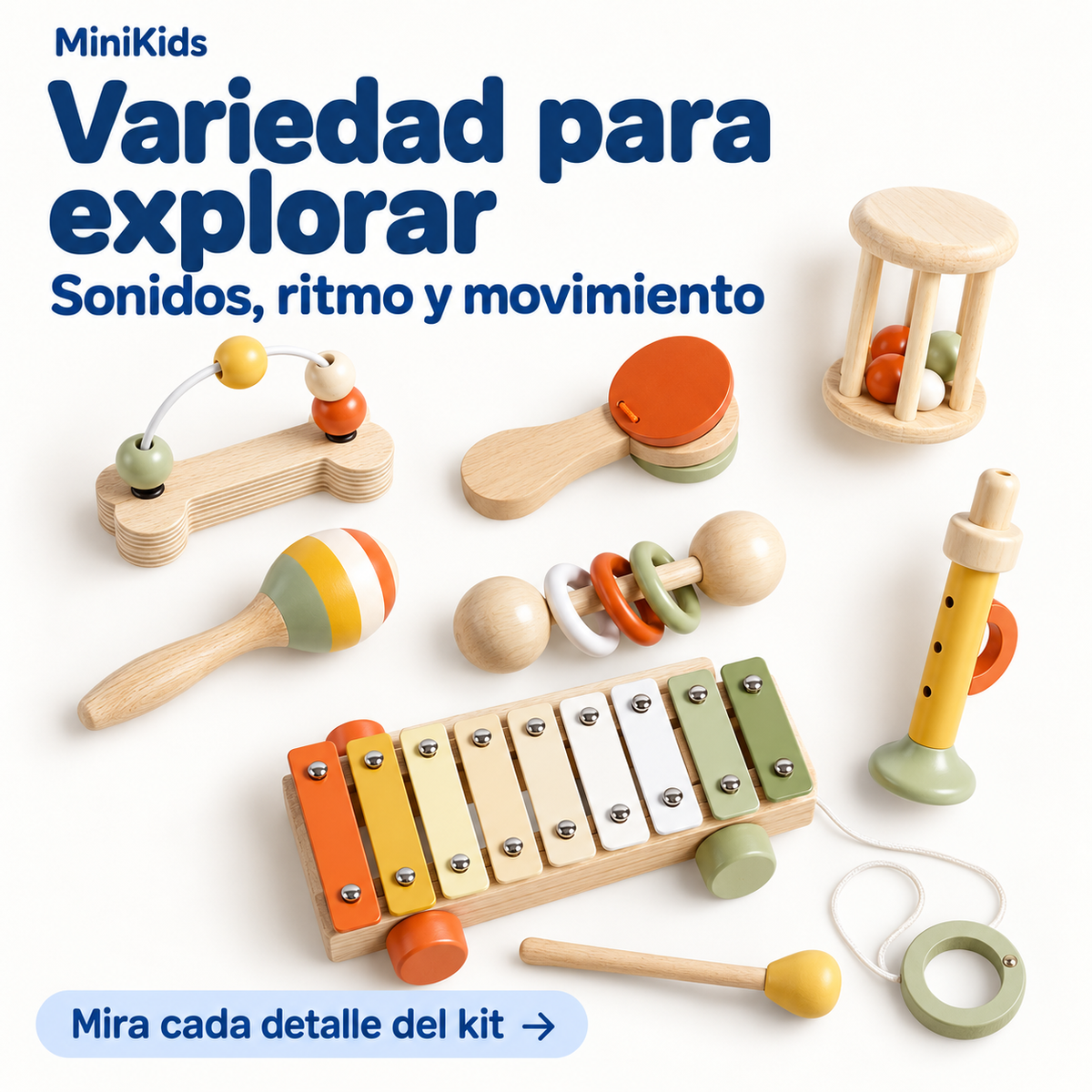 MiniKids — Kit sensorial y musical de madera — Contenido