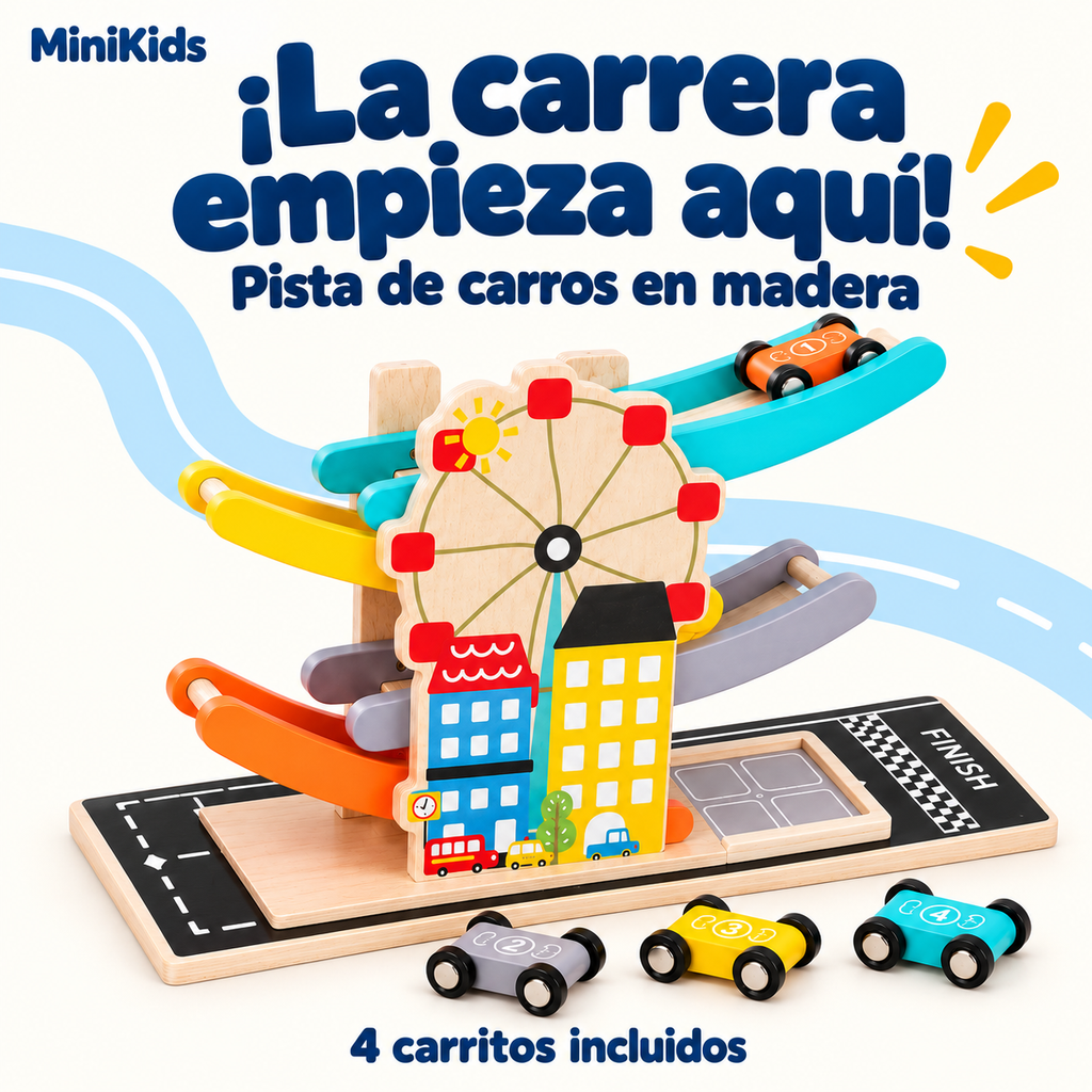 MiniKids — Pista de carros de madera con 4 rampas — Portada