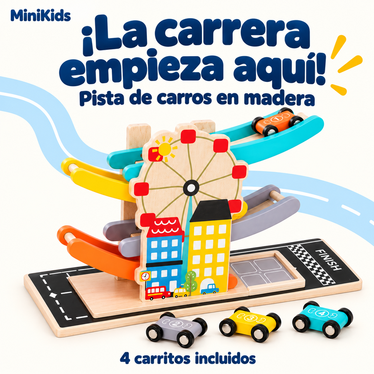 MiniKids — Pista de carros de madera con 4 rampas — Portada