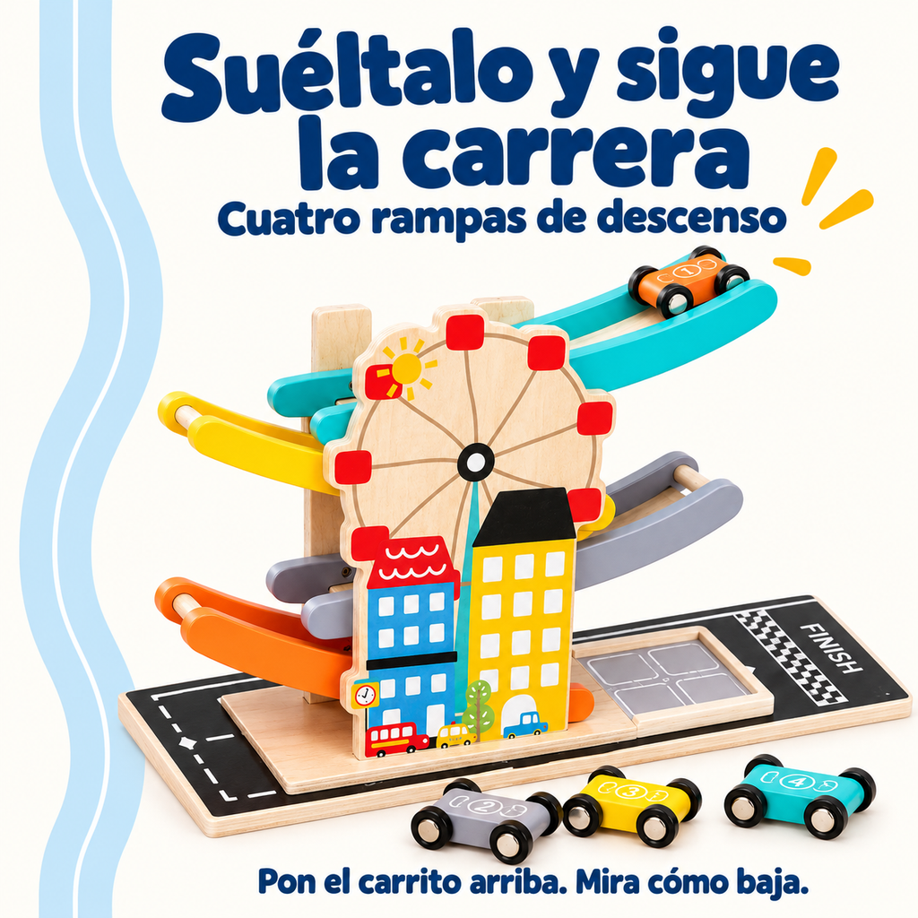 MiniKids — Pista de carros de madera con 4 rampas — Características