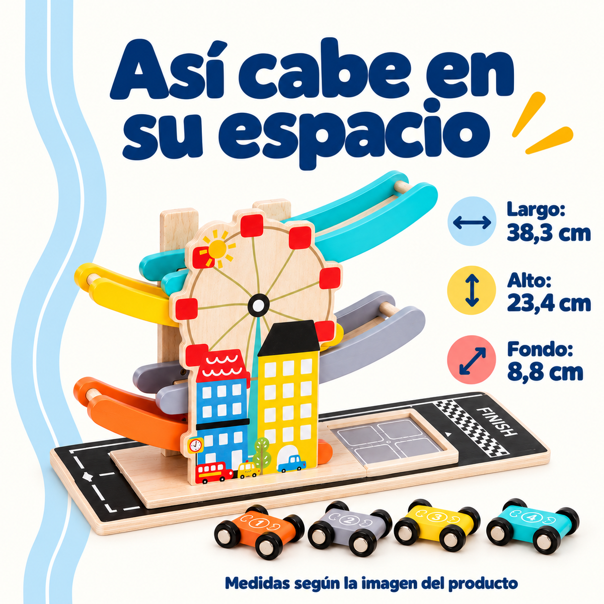 MiniKids — Pista de carros de madera con 4 rampas — Medidas