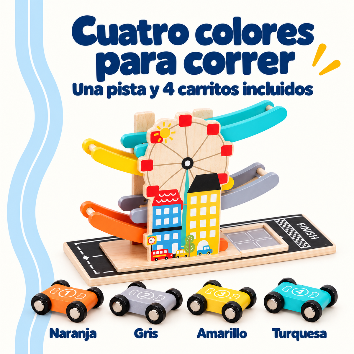 MiniKids — Pista de carros de madera con 4 rampas — Contenido