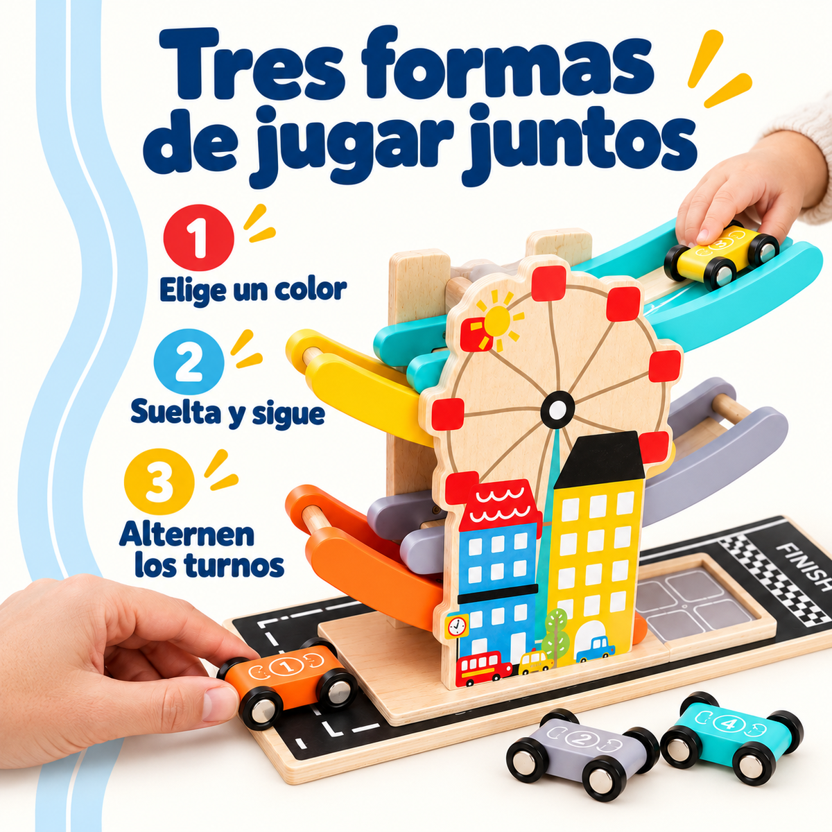 MiniKids — Pista de carros de madera con 4 rampas — Ideas de juego