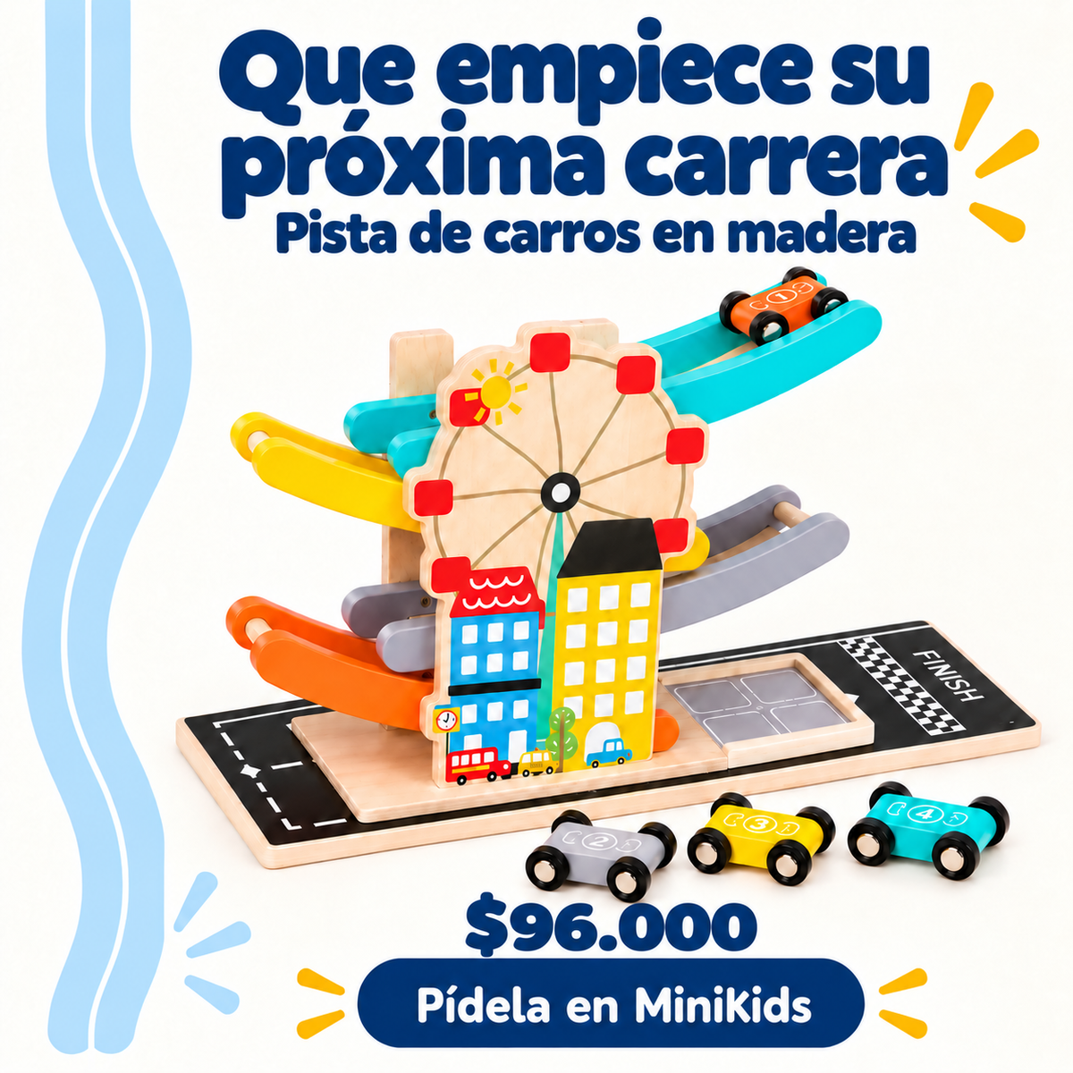 MiniKids — Pista de carros de madera con 4 rampas — Precio $96.000 COP