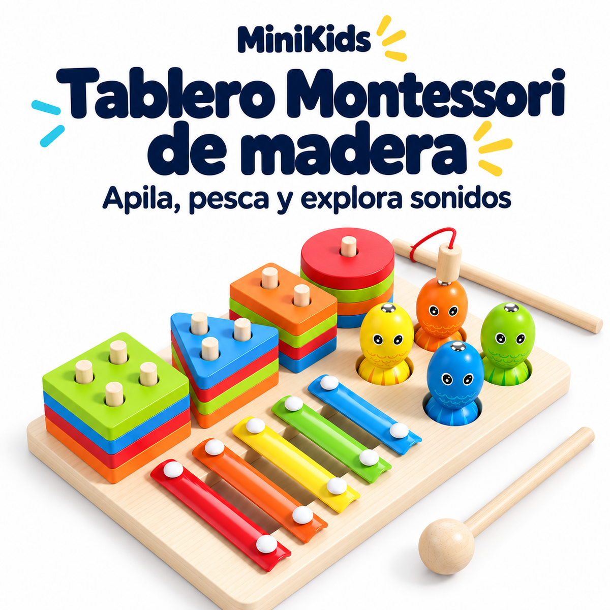 Tablero Montessori de madera MiniKids con figuras apilables, pesca magnética y xilófono
