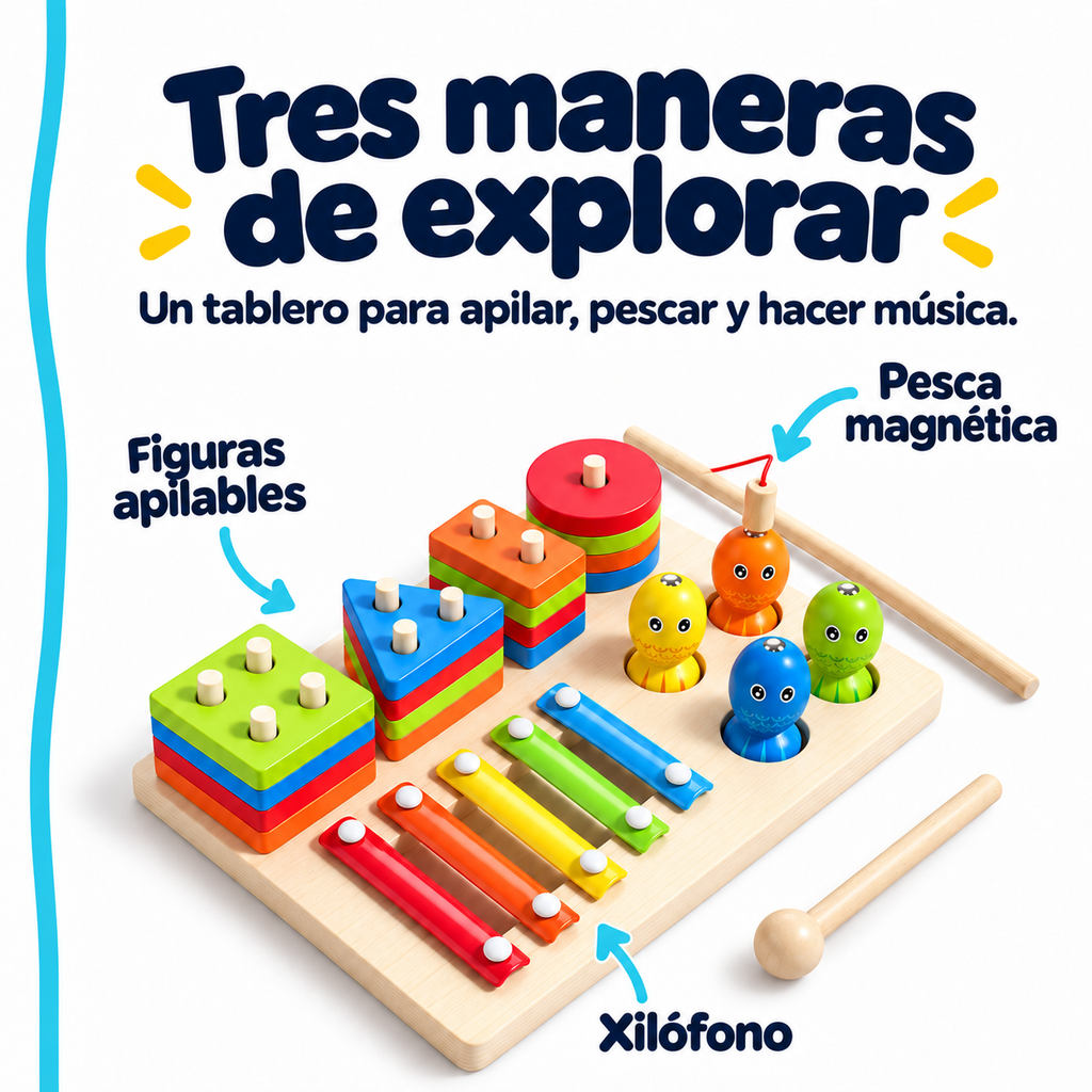 Figuras apilables, pesca magnética y xilófono del tablero Montessori