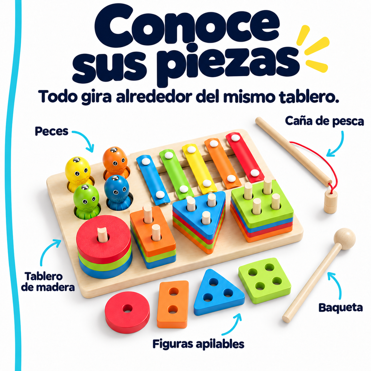 Tablero de madera, figuras apilables, peces, caña de pesca y baqueta