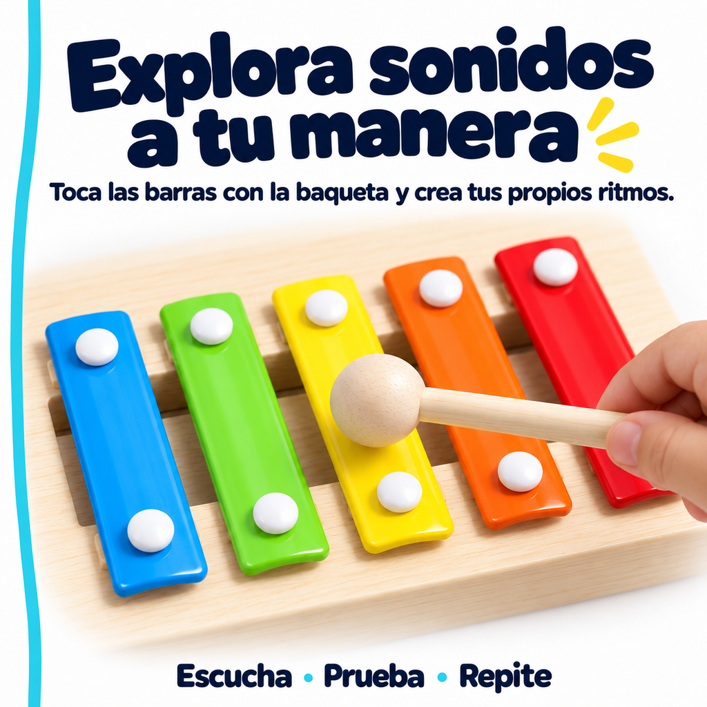 Detalle del xilófono de cinco barras y su baqueta de madera